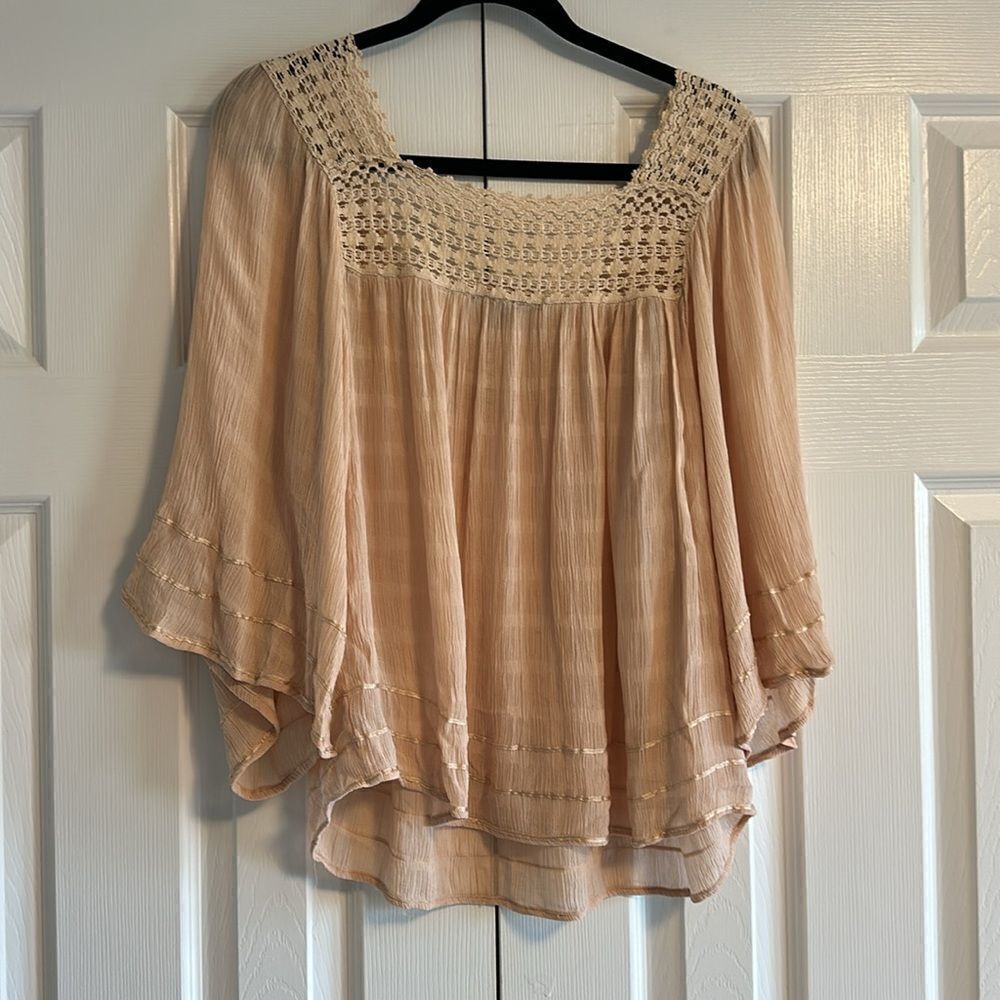 Sanctuary Women’s Beige Lace & Ribbon 3/4 Sleeves Flowy Blouse, Size L - Picture 7 of 7